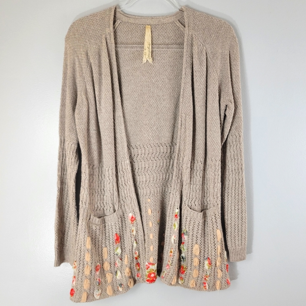 MYSTREE beige angora romantic boho ribbon weave open front cardigan sweater